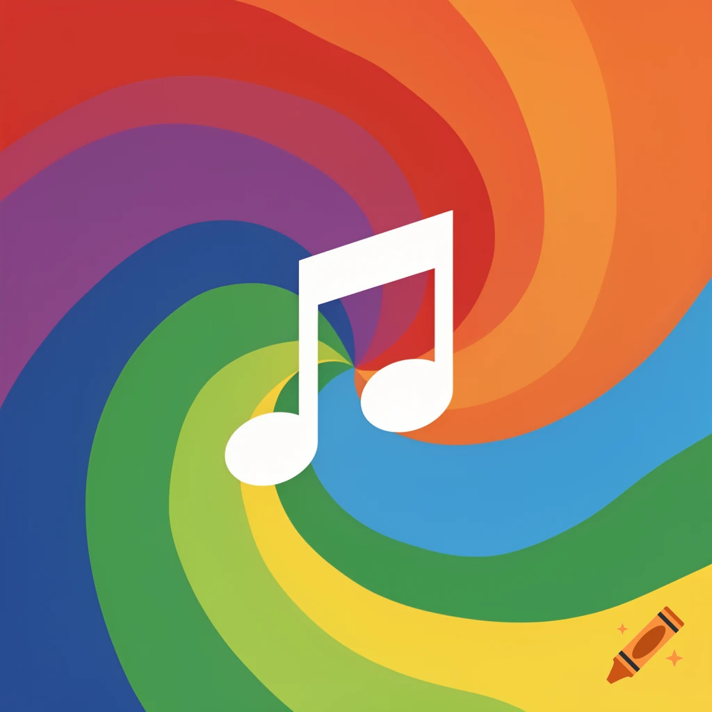 A white music note silhouette against a vibrant swirling rainbow background.