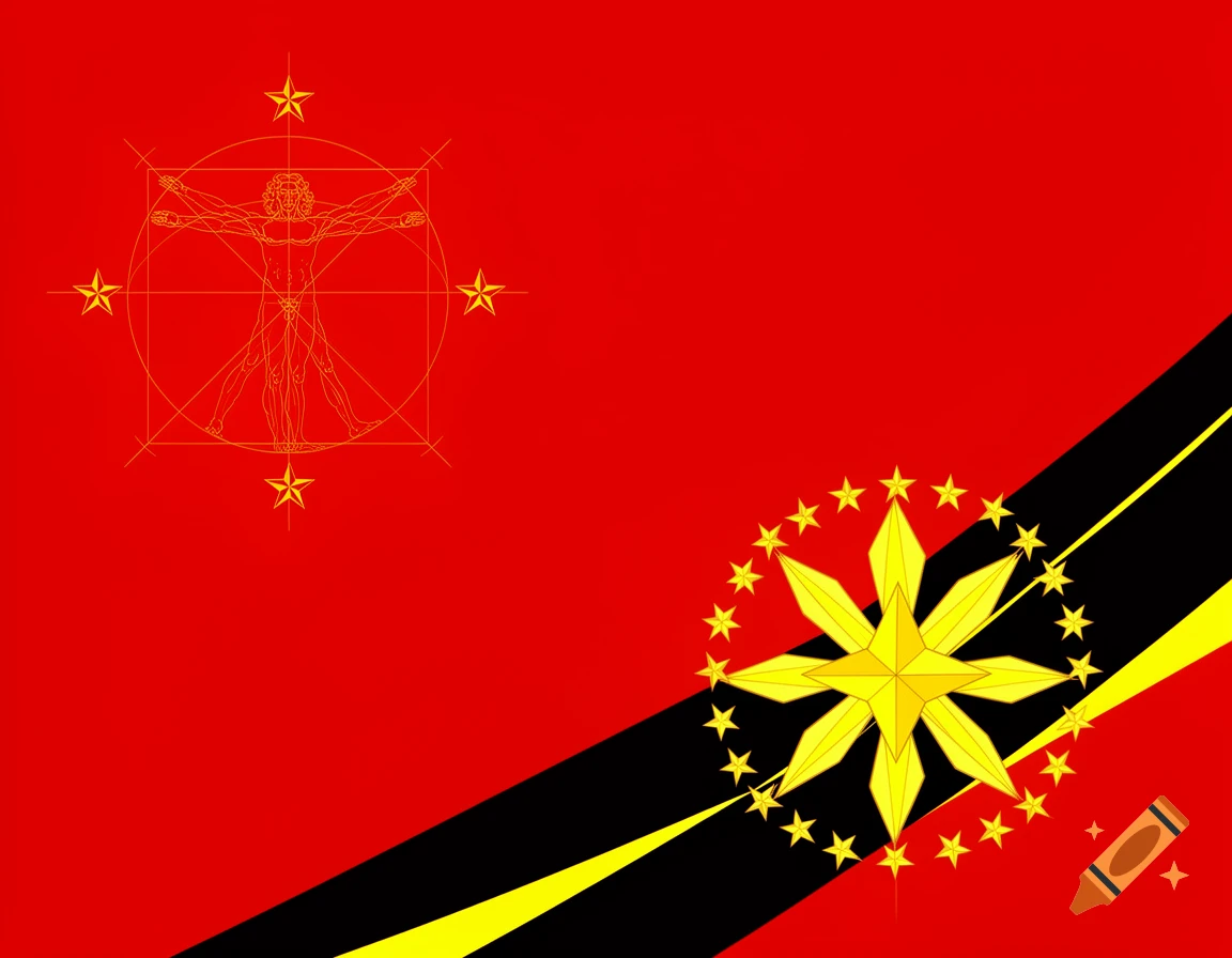 A red flag with a geometric Vitruvian Man, yellow stars, and a diagonal black and yellow stripe.