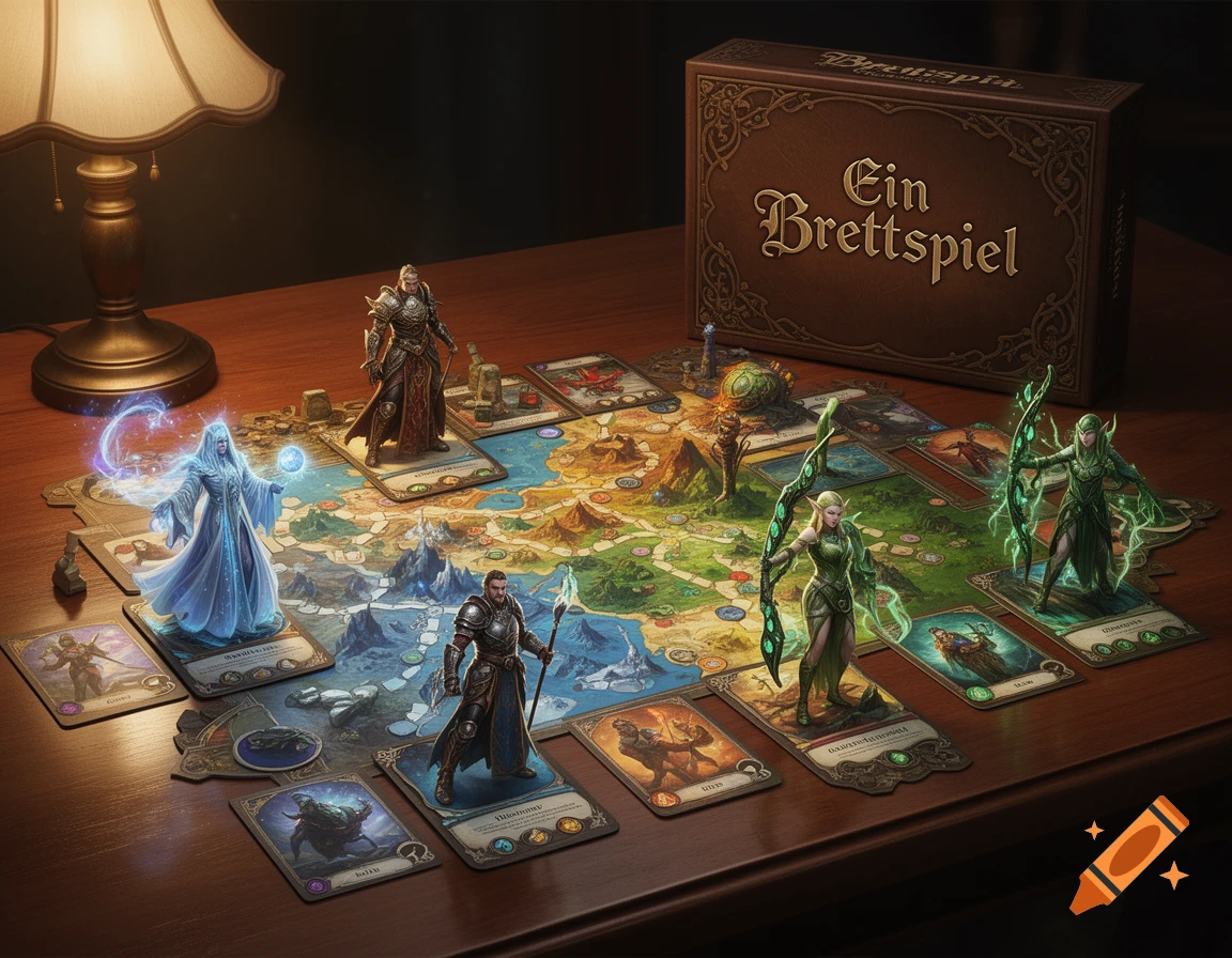 A photorealistic image of a fantasy board game set up on a wooden table, with miniatures, cards, and a game box titled "Ein Brettspiel".