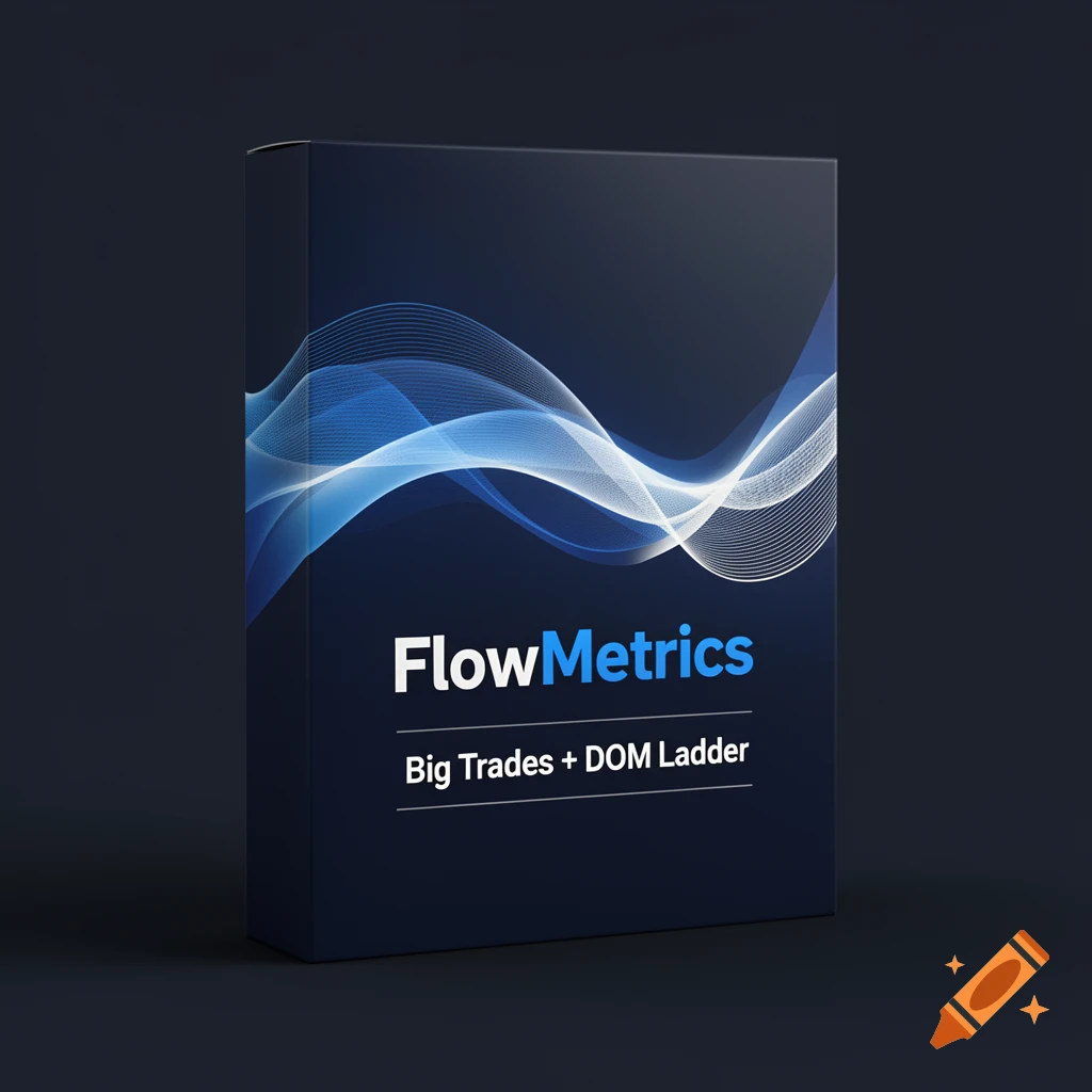 Photorealistic 3D mockup of a dark navy software box with a blue and white wave logo, branded FlowMetrics with Big Trades + DOM Ladder text.