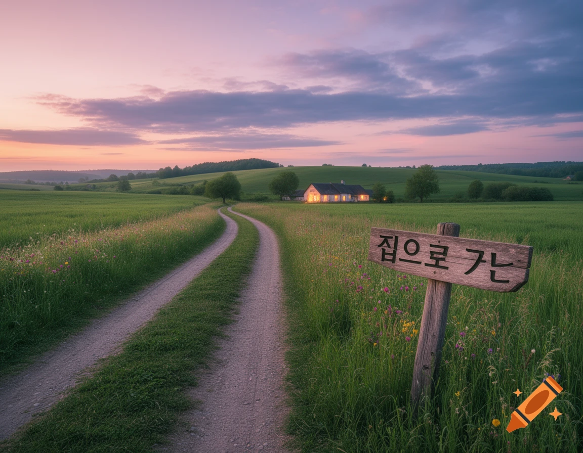 A scenic dirt path through green fields leads to a house with glowing windows under a twilight sky. A wooden sign says 'going home'.