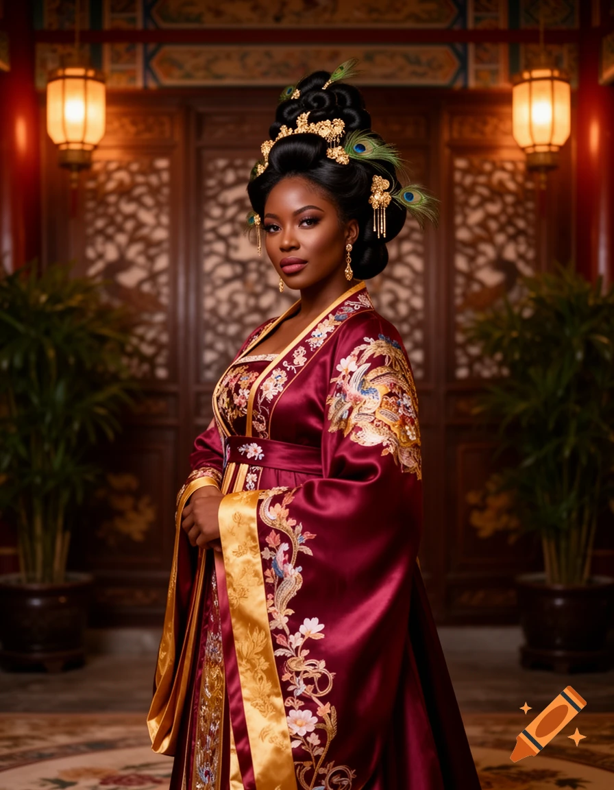 A beautiful black woman in an elaborate, deep red and gold ancient Chinese-style dress with a towering hairstyle, standing in a traditional hall.