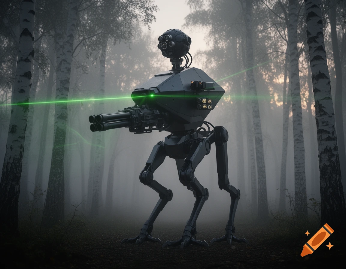 A photorealistic military mech walker with a rotary autocannon and green laser beam stands in a misty birch forest at dusk.
