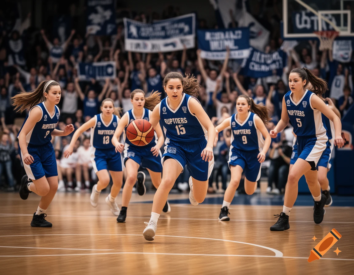 Young women in blue and white jerseys playing basketball on a court, dribbling the ball, with spectators in the blurred background.