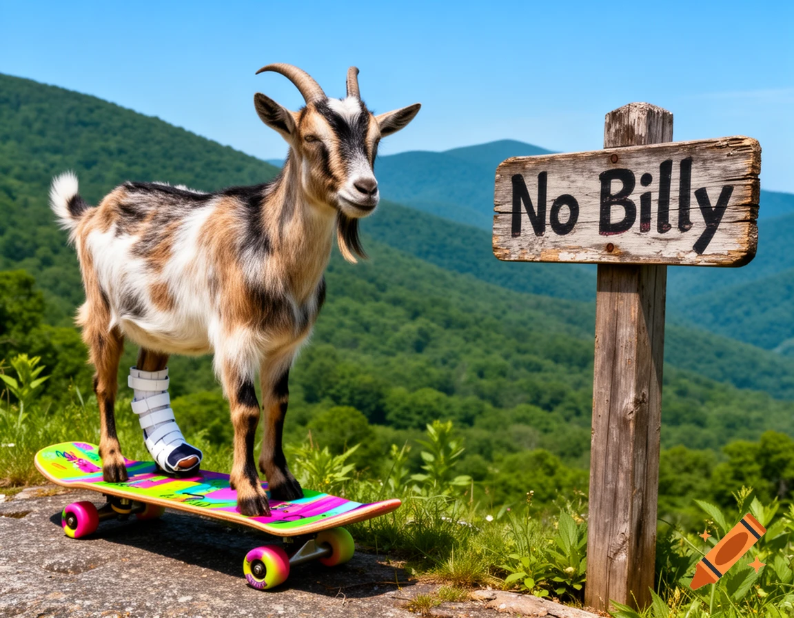 A goat with a white cast on its leg stands on a colorful skateboard on a mountain road next to a wooden sign that reads "No Billy".
