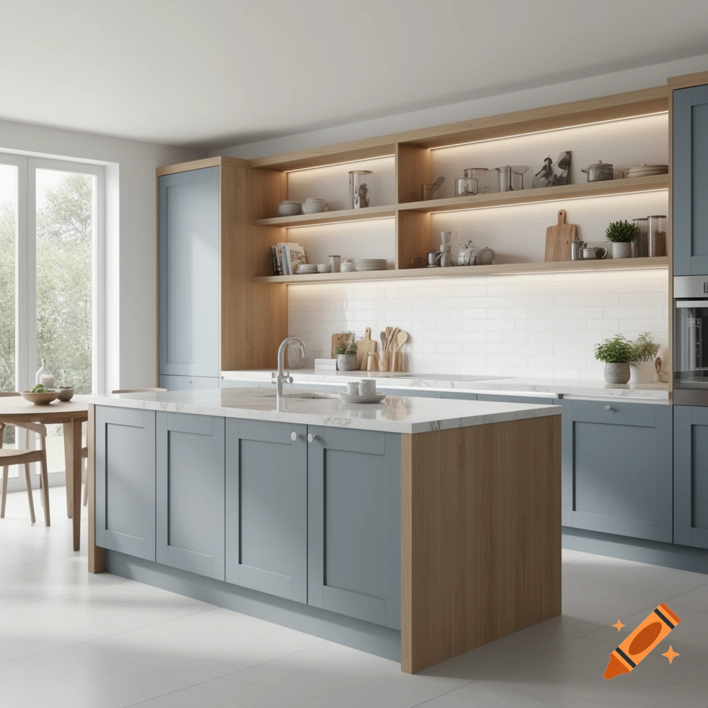 Modern kitchen with blue and wood cabinets, a kitchen island with a marble countertop, and open shelves displaying kitchenware.