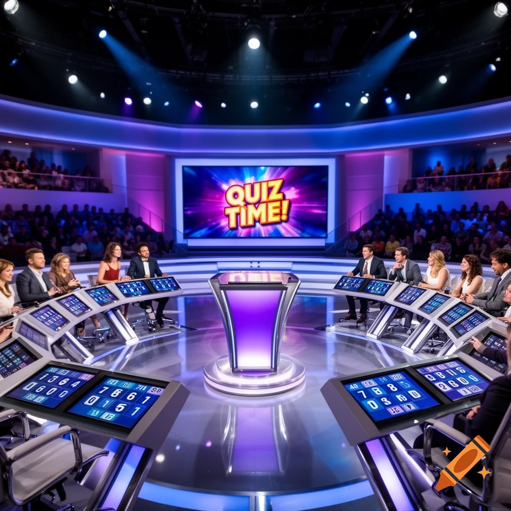 A vibrant, modern quiz show set with contestants around a central podium and a large screen displaying "QUIZ TIME!" to an audience.