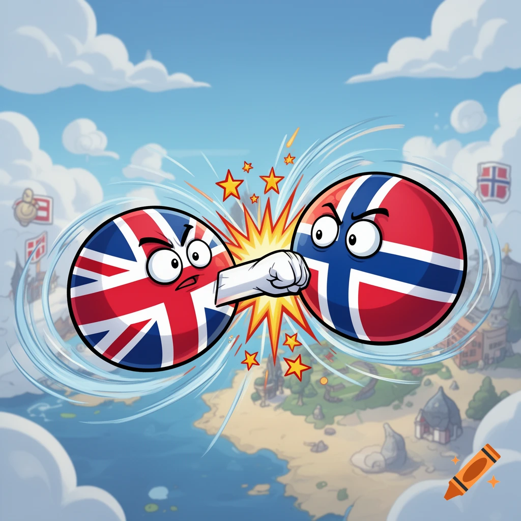 Cartoon Englandball and Norwayball punch each other over a stylized map background under a blue sky.