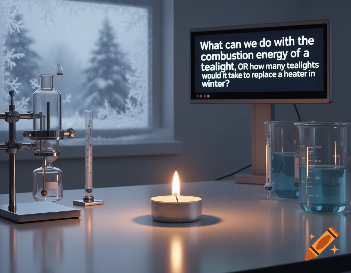 A tealight candle illuminates a lab setup with beakers and a calorimeter. A screen asks about tealight combustion energy, visible through a frosted winter window.