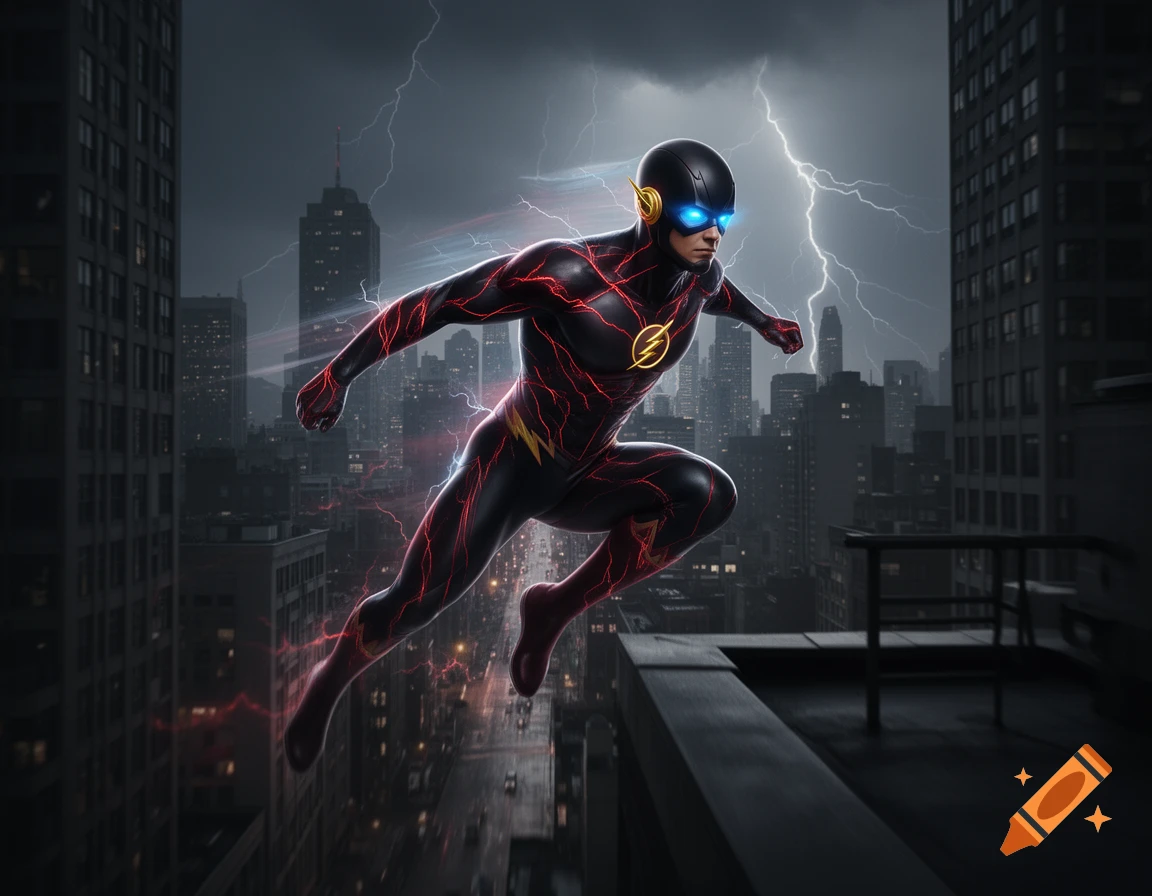 A superhero in a black and red suit with glowing blue eyes leaps over a dark city at night, surrounded by red lightning.