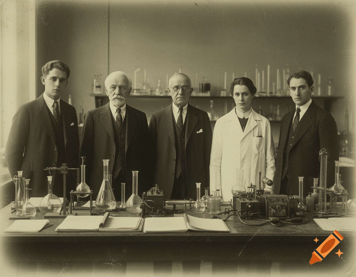 An old, sepia-toned photograph of five scientists, four men and one woman, standing behind a lab table with glassware and equipment in a 1920s research laboratory.