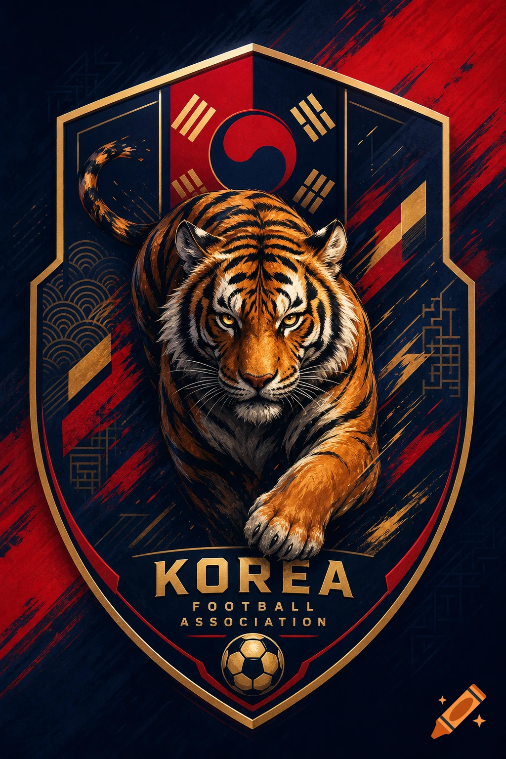Stylized illustration of a powerful tiger head on a shield-shaped logo with 'KOREA FOOTBALL ASSOCIATION' text and South Korean flag elements.