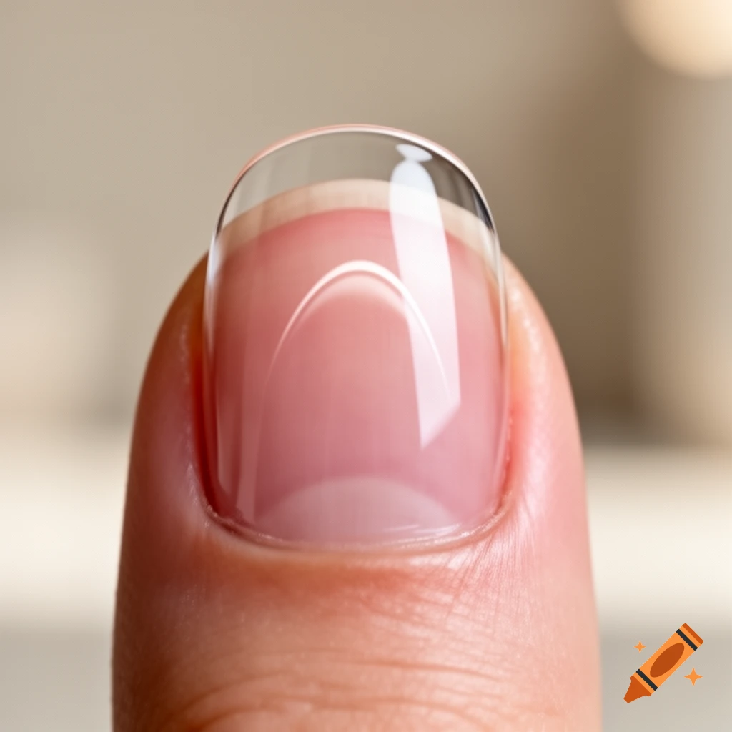 Close-up of a finger showing the C-curve of a clear, perfectly shaped fingernail, with subtle reflections.