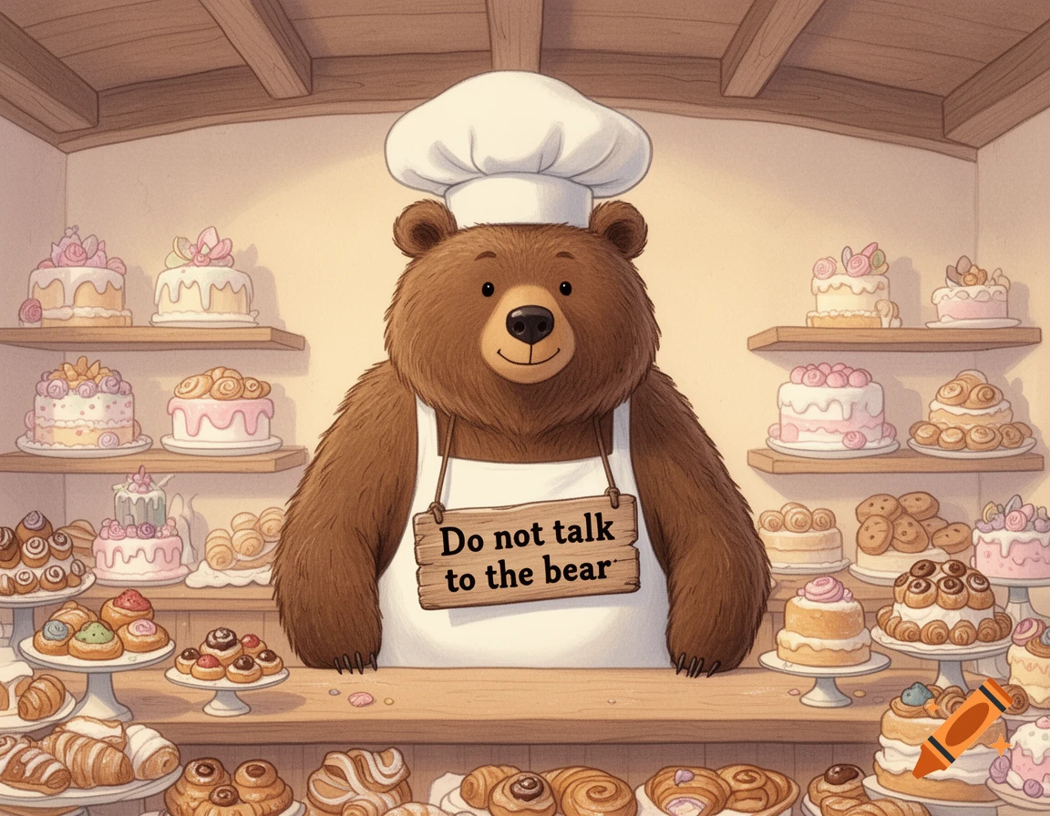 Friendly grizzly bear chef in a whimsical bakery, wearing a hat and apron with a sign 'Do not talk to the bear', surrounded by pastries.