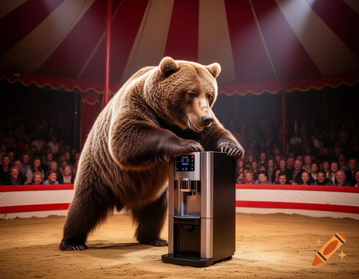 A large brown bear stands on its hind legs, looking down at a coffee machine in the center of a circus ring, with an audience in the background.