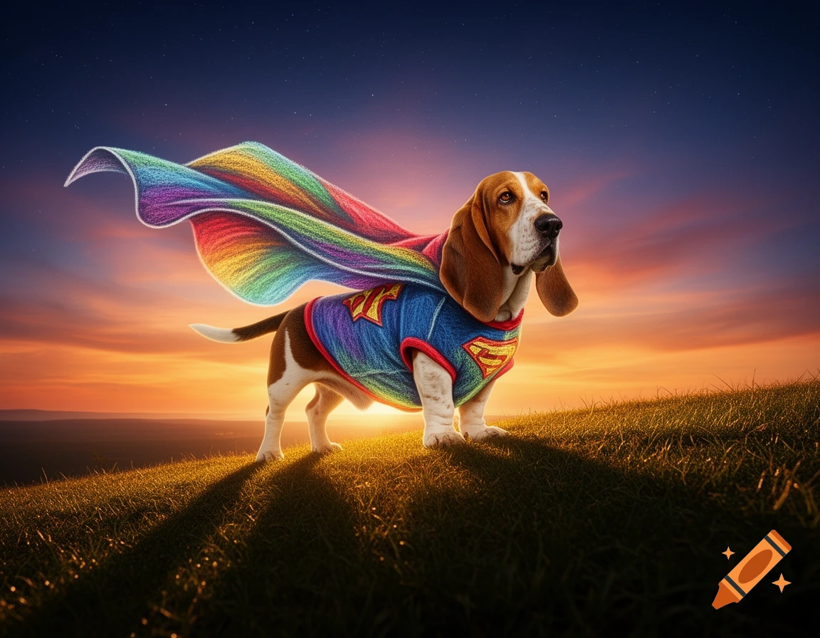 A Basset Hound dog wearing a blue Superman costume with a rainbow cape stands on a grassy hill at sunset.