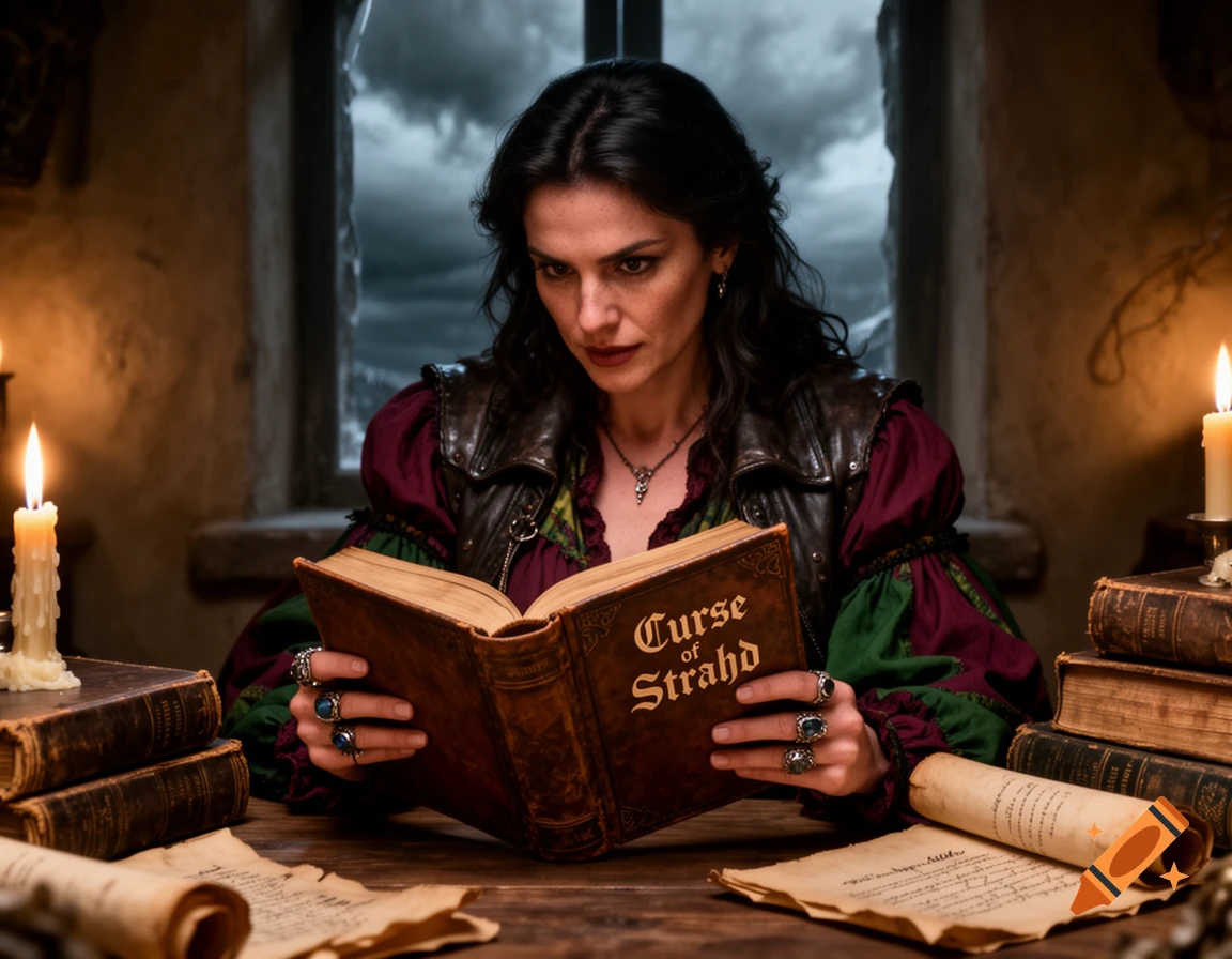 A woman with dark hair, dressed in a fantasy outfit, reads a book titled 'Curse of Strahd' by candlelight in a dark room.