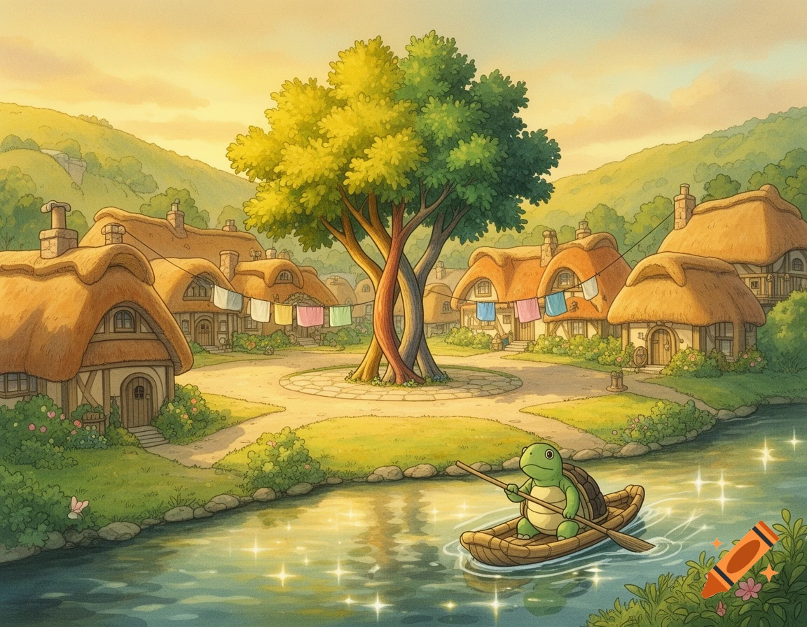 Studio Ghibli-style watercolor illustration of a whimsical village with thatched cottages, a large central tree, and a turtle rowing a boat on a sparkling river.