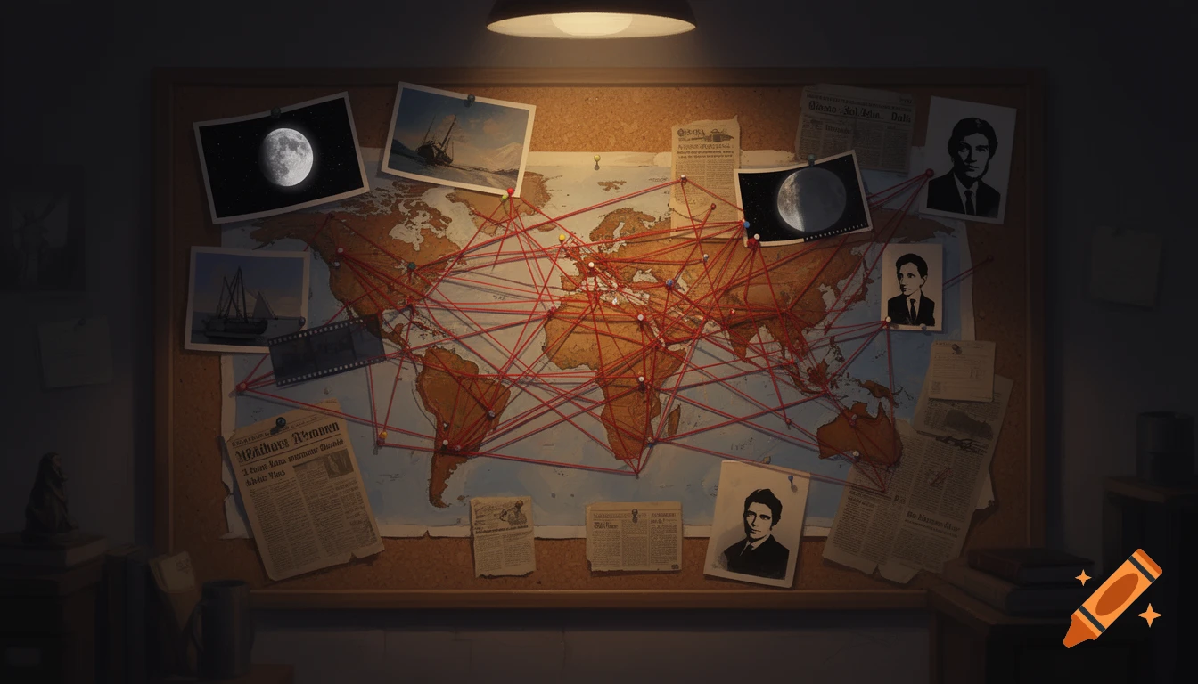 A dimly lit cork board featuring a world map covered in red threads connecting various photos, old newspapers, and notes, suggesting a mystery or investigation.