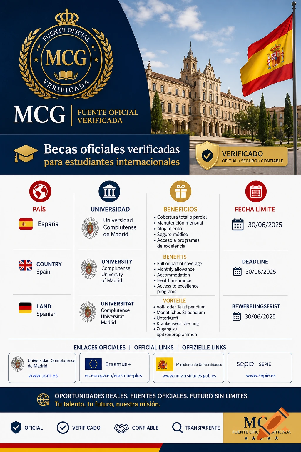 Infographic for international scholarships featuring a university building and the Spanish flag, with detailed text in multiple languages.