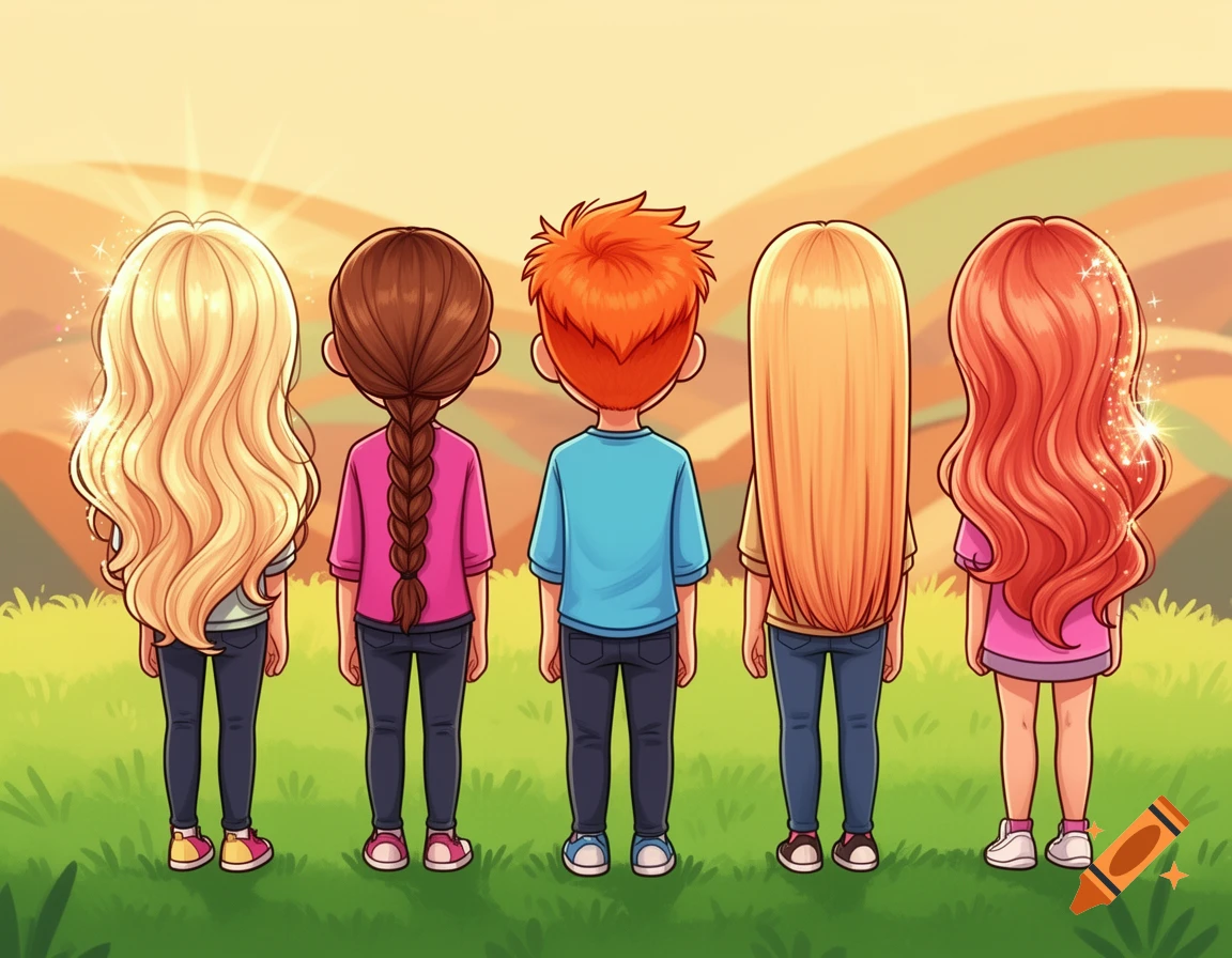 Five diverse cartoon children seen from behind, standing outdoors in a grassy field, looking towards a sunny, hilly landscape.