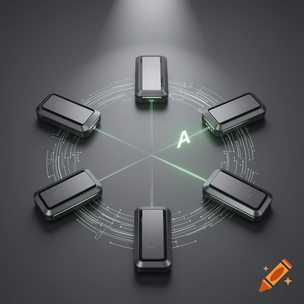 A dark background with six grey, rectangular routers arranged in a circle. Green lines connect them, forming a central hexagon, with a glowing green 'A' in the middle.