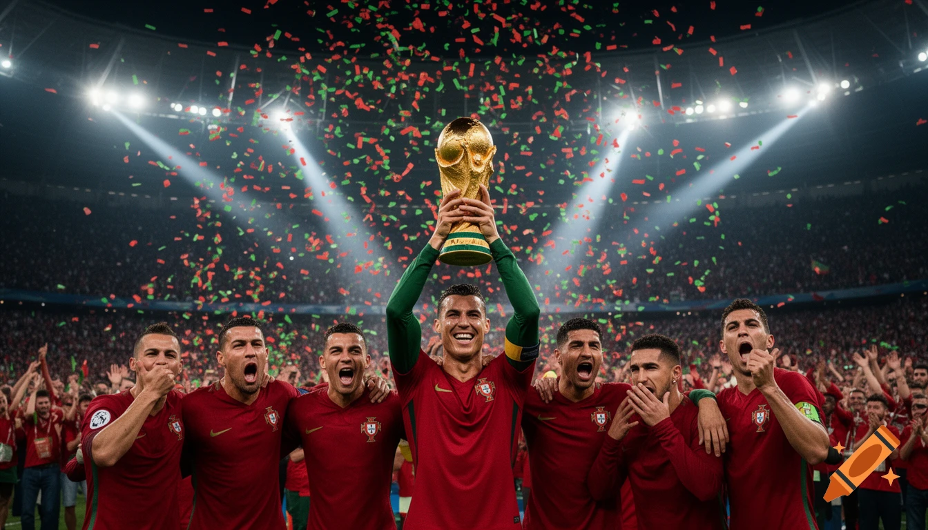 Cristiano Ronaldo and five Portuguese teammates joyfully raise the World Cup trophy amid falling confetti in a packed, floodlit stadium at night, photorealistic.