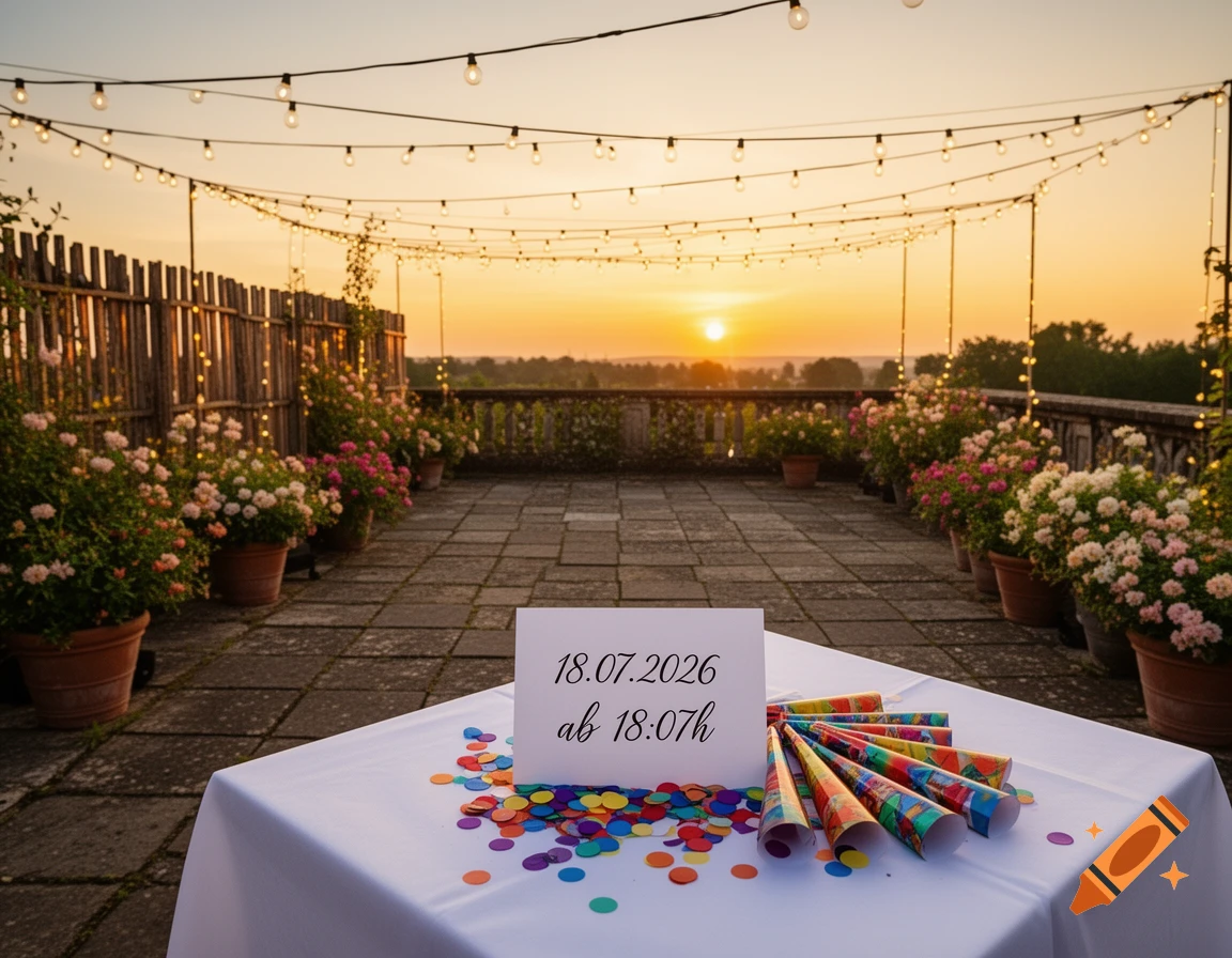 An outdoor terrace decorated for a party at sunset, with string lights, potted flowers, confetti, and party cones on a table.