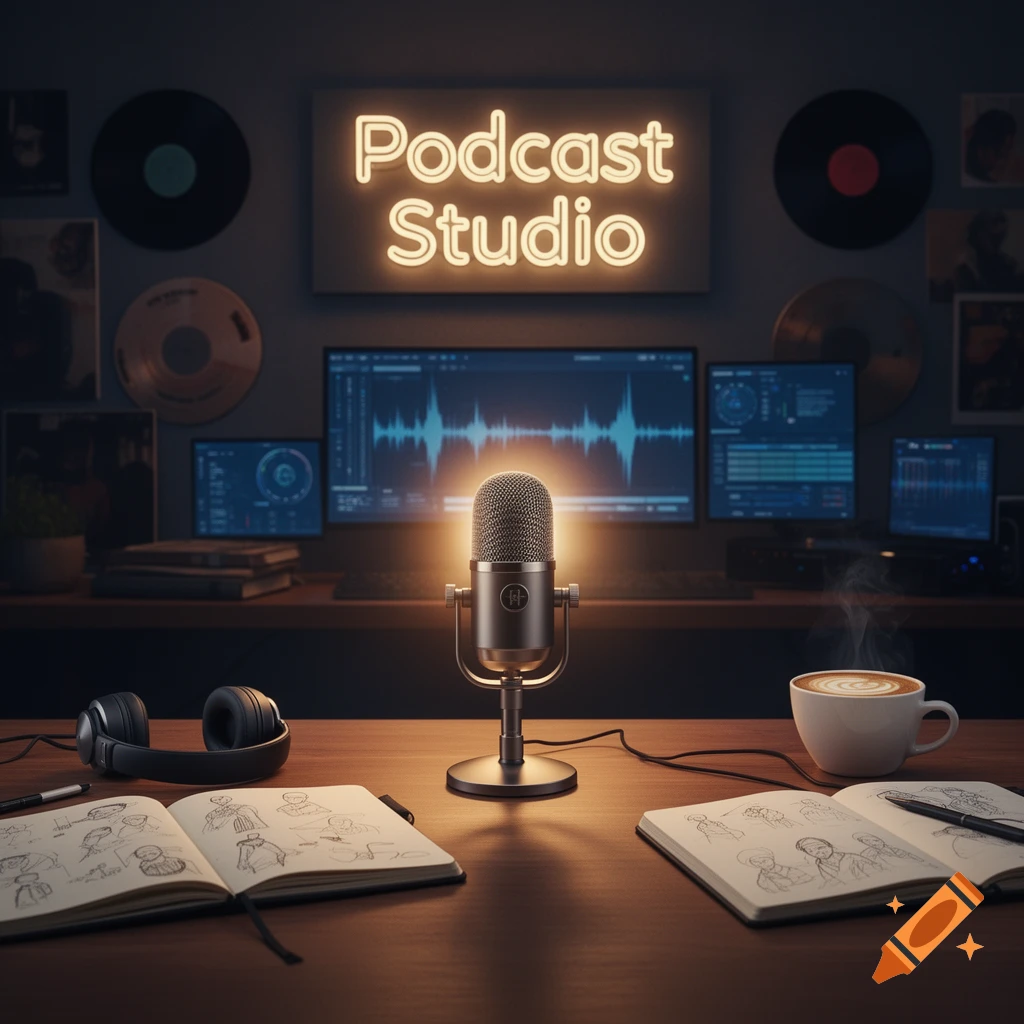 A modern podcast studio with a glowing microphone, computer monitors showing audio waveforms, headphones, notebooks, and a coffee cup.