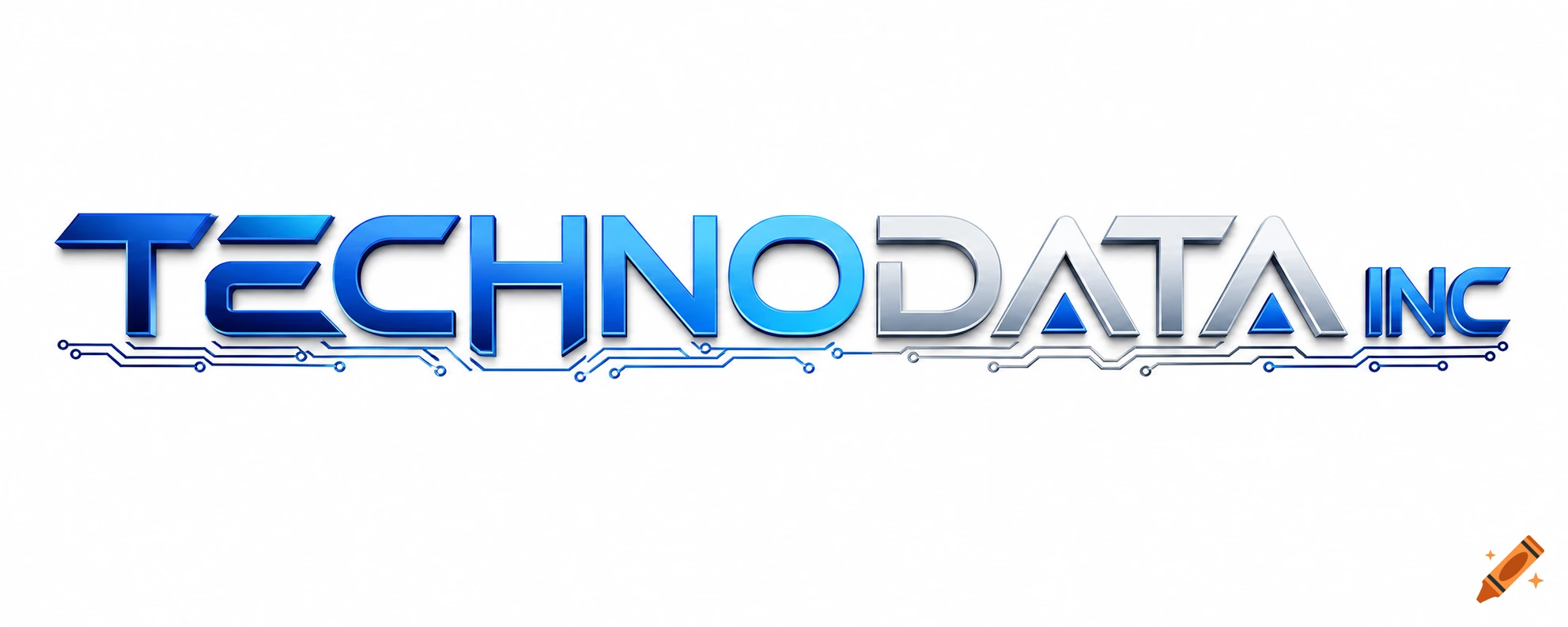 Metallic 3D logo for TECHNODATA INC with blue and silver text and a circuit board graphic below.