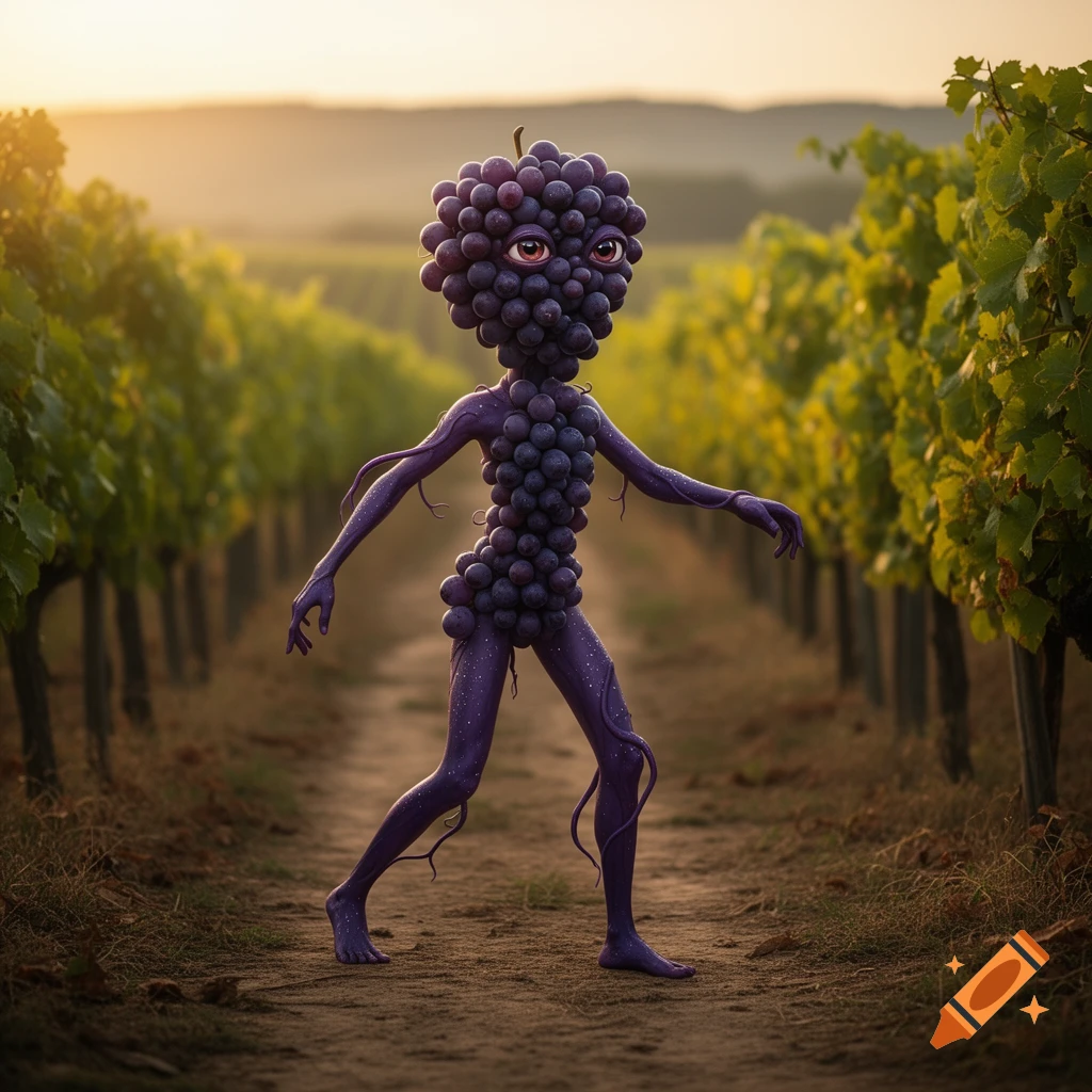 A humanoid figure with a head and body made of purple grapes stands on a dirt path in a vineyard at sunset.
