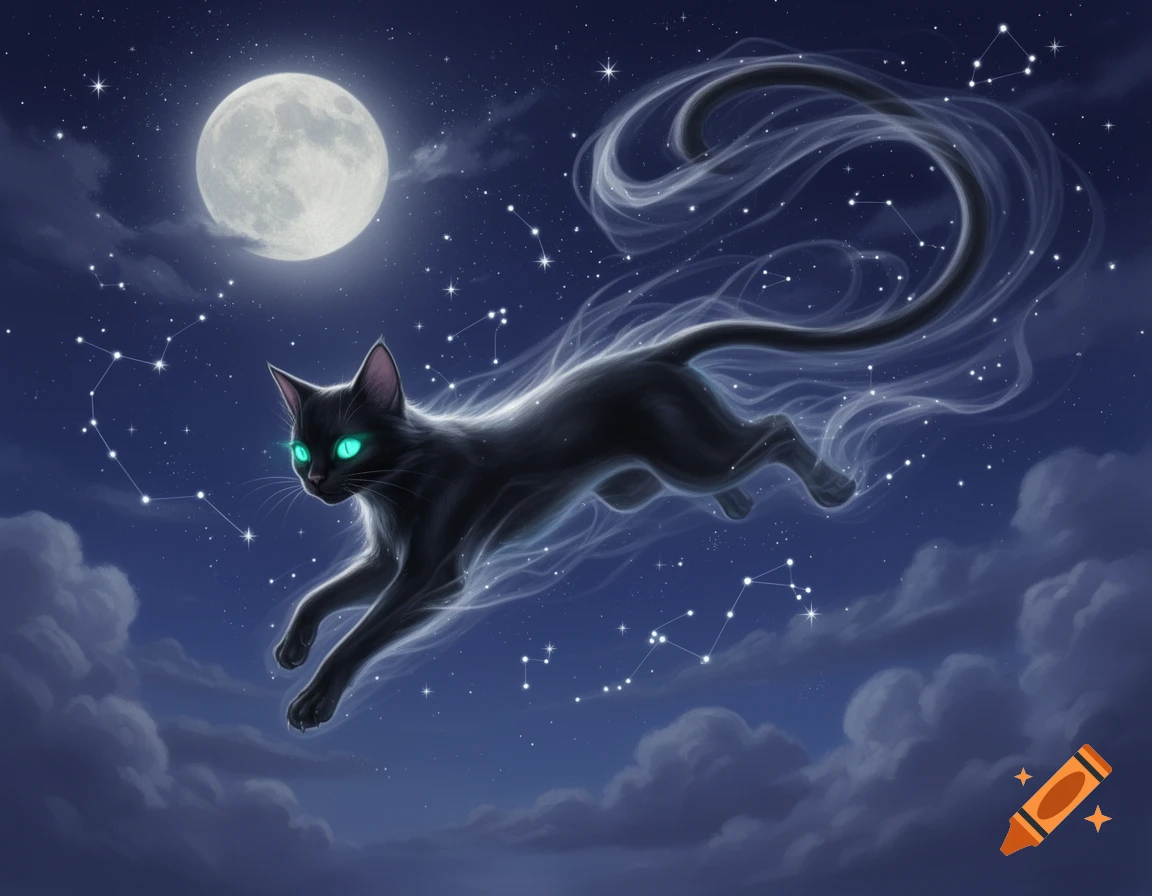 A black ethereal cat with glowing green eyes leaps across a starry night sky with a full moon.