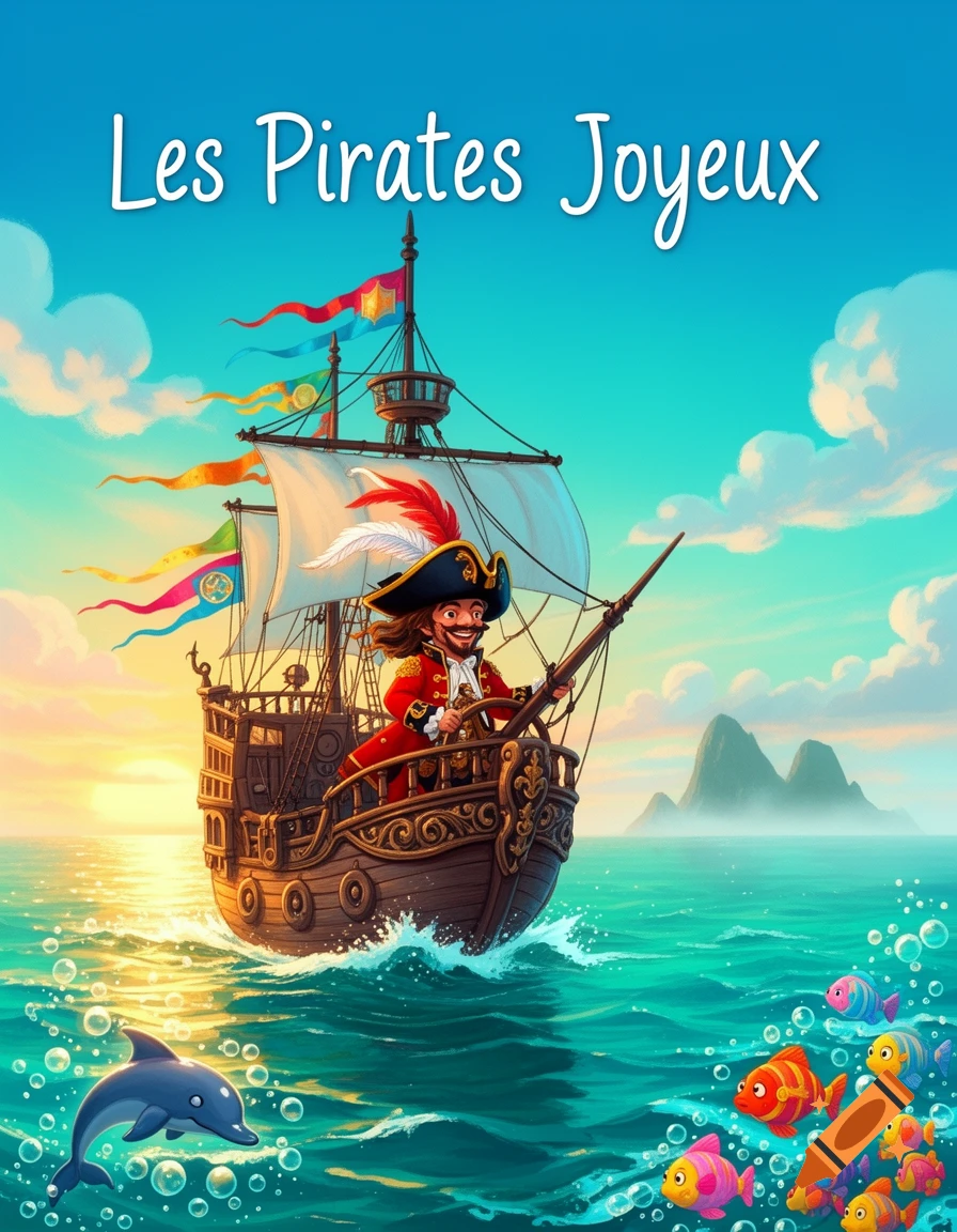Cartoon illustration of a joyful pirate steering a ship on a vibrant ocean with a dolphin and colorful fish, under the text 'Les Pirates Joyeux'.