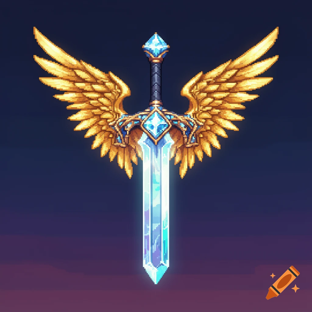 A detailed pixel art image of a fantasy sword with a glowing diamond blade, a blue and gold hilt, and large golden wings.