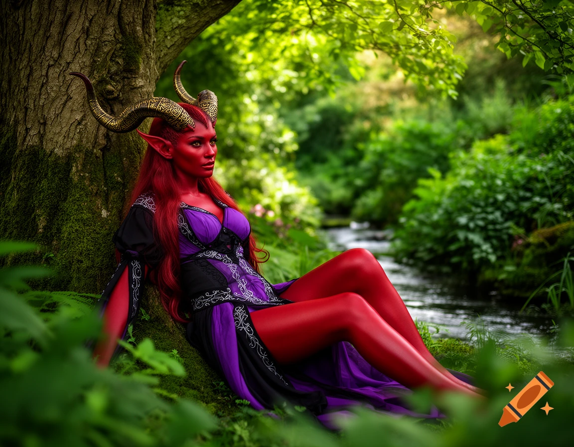 Red-skinned female tiefling with horns in a purple and black dress relaxing by a forest stream.
