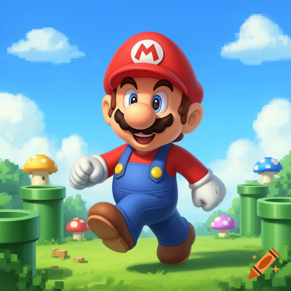 Mario running through a vibrant, colorful pixelated landscape with pipes and mushrooms under a blue sky.