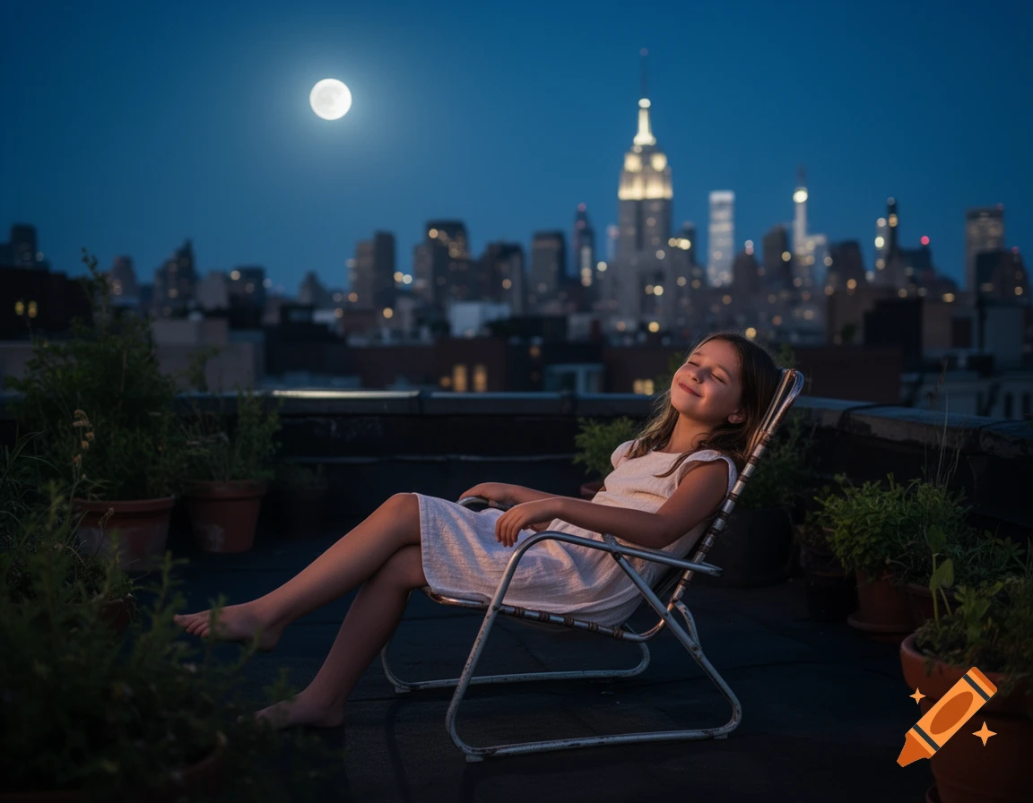 A young girl smiles with closed eyes, relaxing in a lawn chair on a New York City rooftop at night, under a full moon with the Empire State Building in the background.