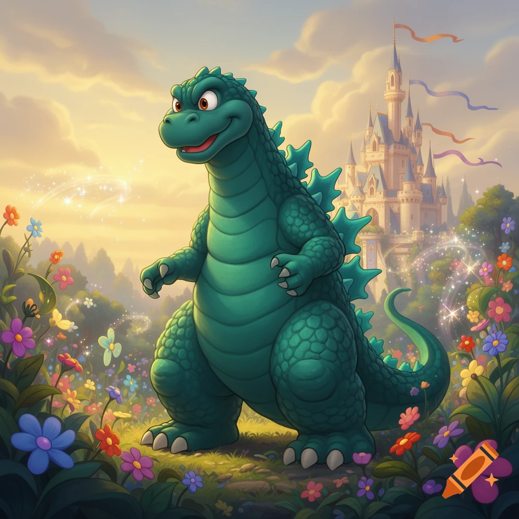 A friendly, cartoonish green Godzilla smiles while standing in a field of colorful flowers with a fairytale castle in the background.