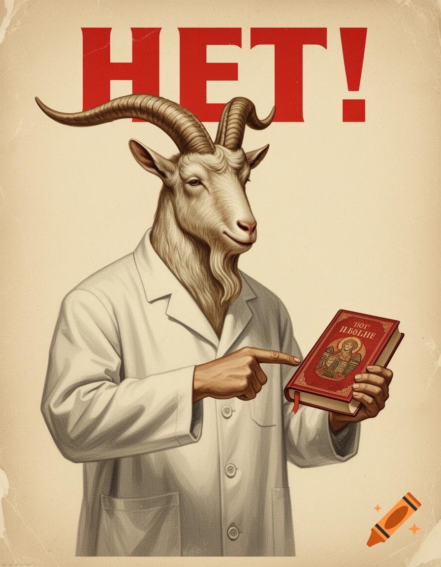A vintage socialist realism propaganda poster shows an anthropomorphic goat in a lab coat pointing at and rejecting a red Holy Bible. Above, "НЕТ!" (NO!) is written in bold red Cyrillic.