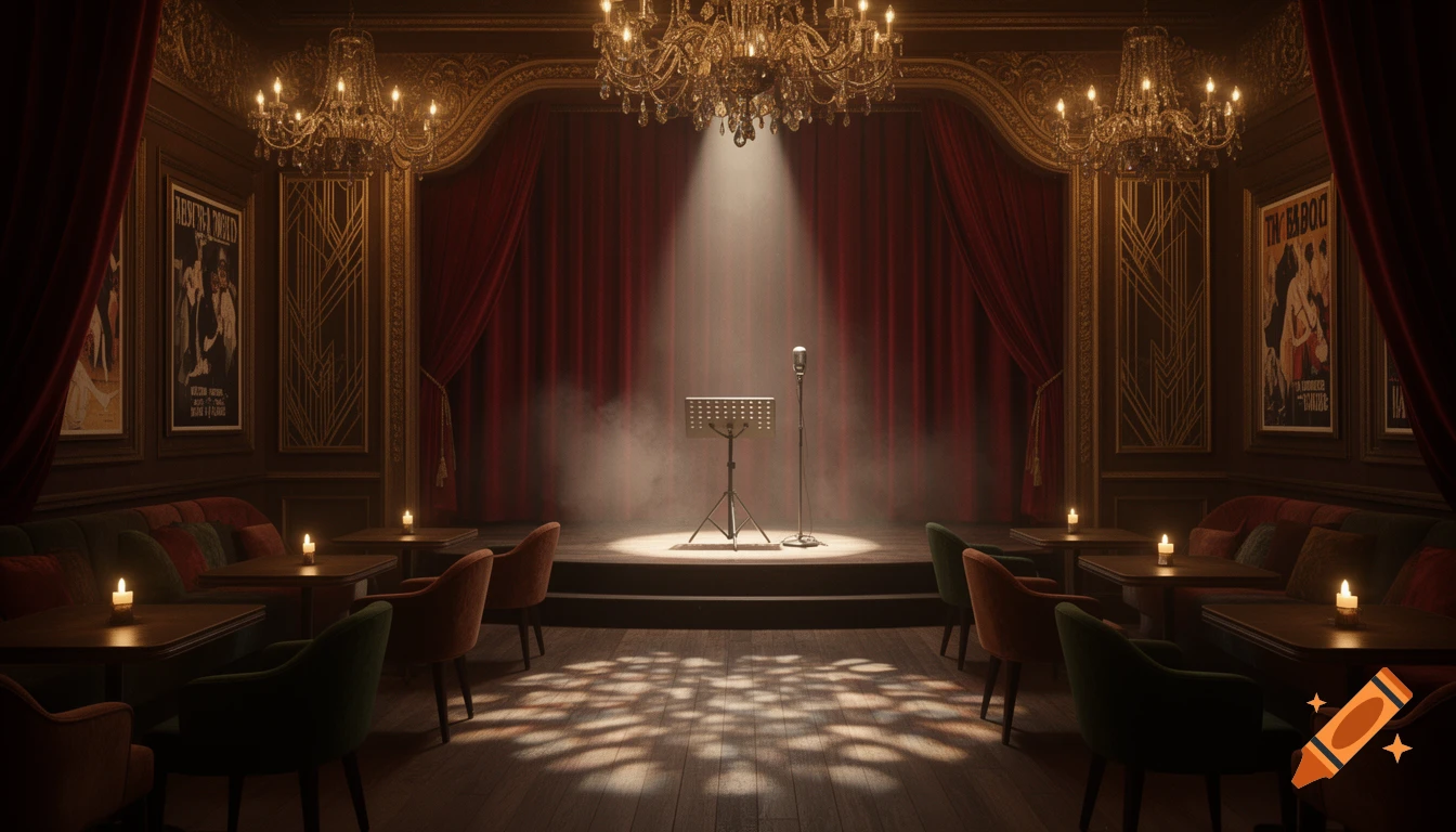 A dramatic, vintage cabaret theatre dining room with red velvet curtains, chandeliers, a spotlighted stage, and tables with candles.