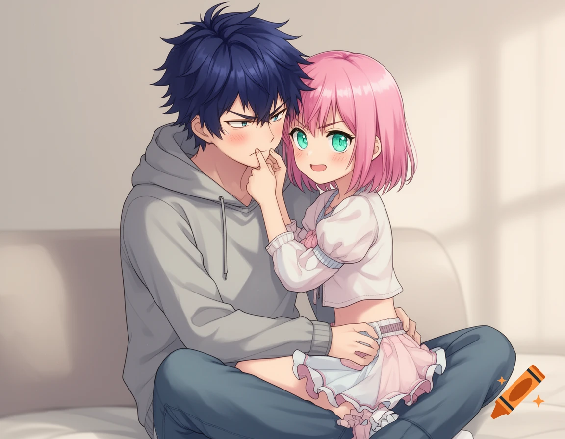 An anime boy with blue hair looking annoyed as a pink-haired girl sits on his lap and teases him by touching his mouth.
