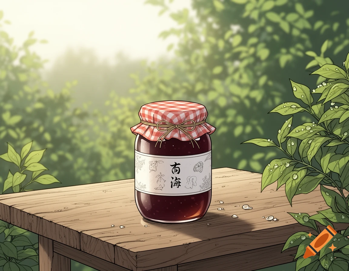 A jar of red jam with a checkered lid and a white label sits on a wooden table outdoors, surrounded by green foliage, in an anime style.
