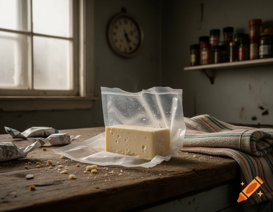 A block of cheese in an open vacuum seal bag on a rustic wooden kitchen counter, with crumbs and crumpled wrappers.