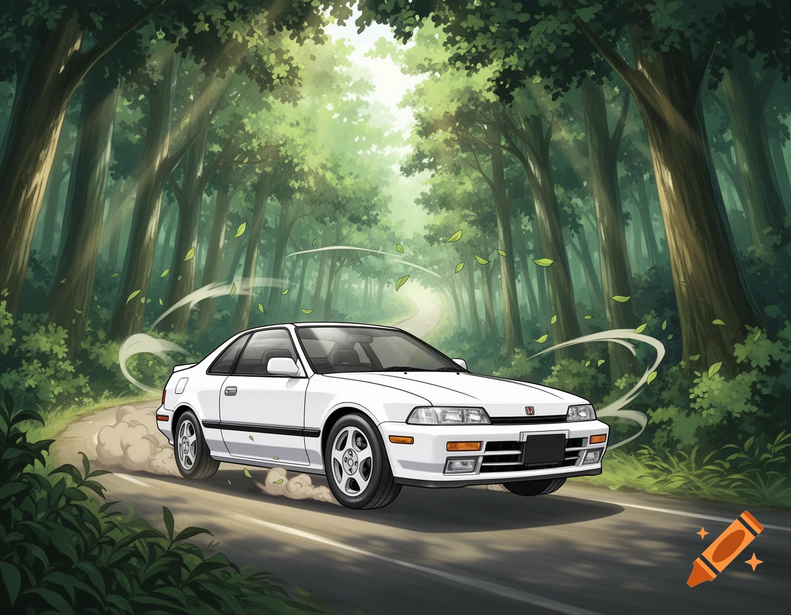 A white Honda Prelude 2G car drives down a winding road through a lush green anime-style forest, with leaves and dust swirling.