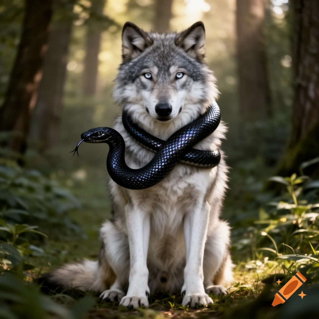 A photorealistic wolf with striking blue eyes sits in a forest, a glossy black snake wrapped around its neck.