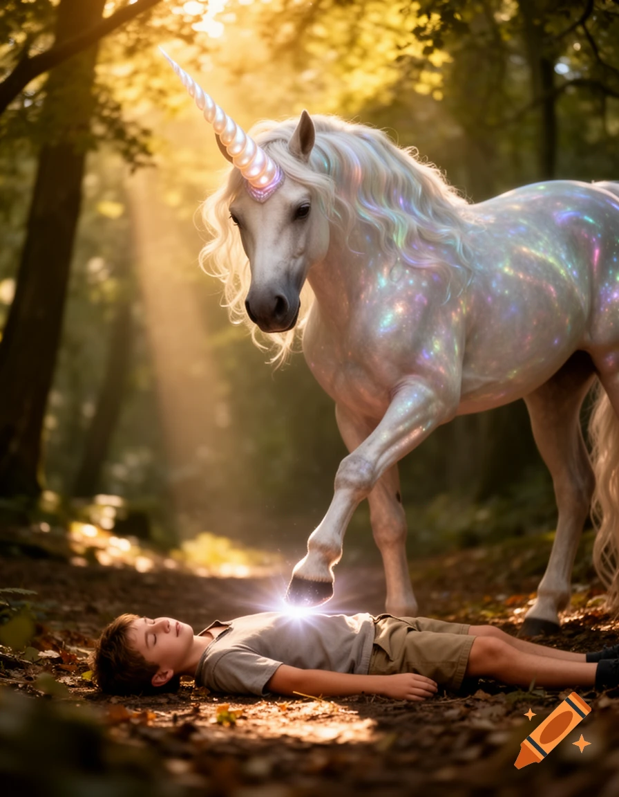 A majestic white unicorn with a glowing horn and sparkling body stands over a young boy lying on a forest path, emanating light onto his chest.