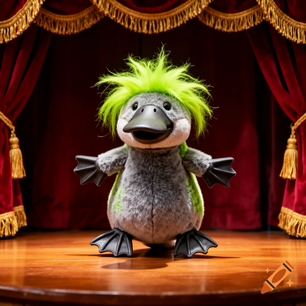 A gray plush platypus puppet with spiky green hair stands on a wooden stage in front of red velvet curtains.