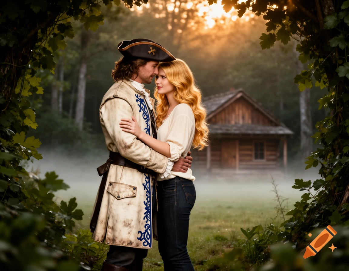 A man in historical attire and a blonde woman embrace in a misty forest clearing with a cabin, lit by golden hour light.