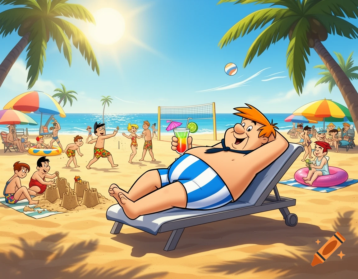 Cartoon Barney Rubble lounges on a beach chair with a cocktail, surrounded by other people enjoying the sunny beach.
