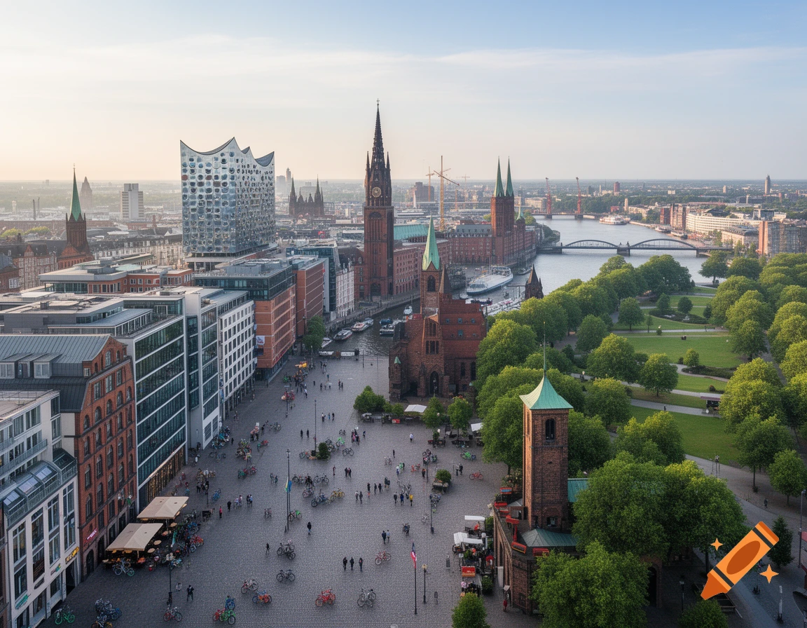 Aerial view of Hamburg cityscape with prominent modern and historic buildings, a river, bridges, and a bustling public square.